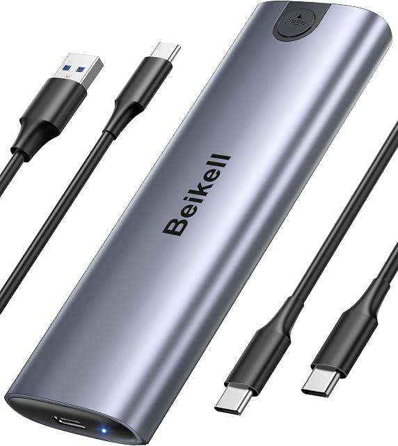 Obudowa M.2 NVME, Beikell Beznarzędziowa obudowa M2 SSD, USB 3.2 Gen 2 NVMe na USB adapter do 2230/2242/2260/2280 M.2 NVMe/SATA SSD z kluczem M lub M+B z kablem USB C do C i USB A do C