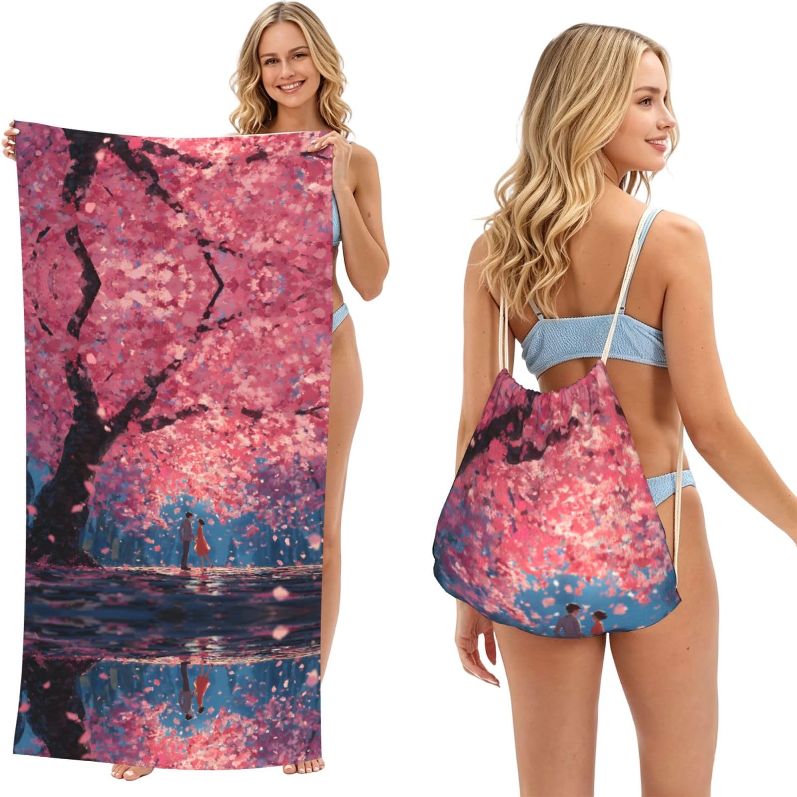EZDLOWVBA Romantic Cherry Blossoms Print Beach Towel Backpack 2 In 1 Summer Large Lightweight Beach Towel - Multifunctional Ship Pattern Towel Bag For Storage,Sport