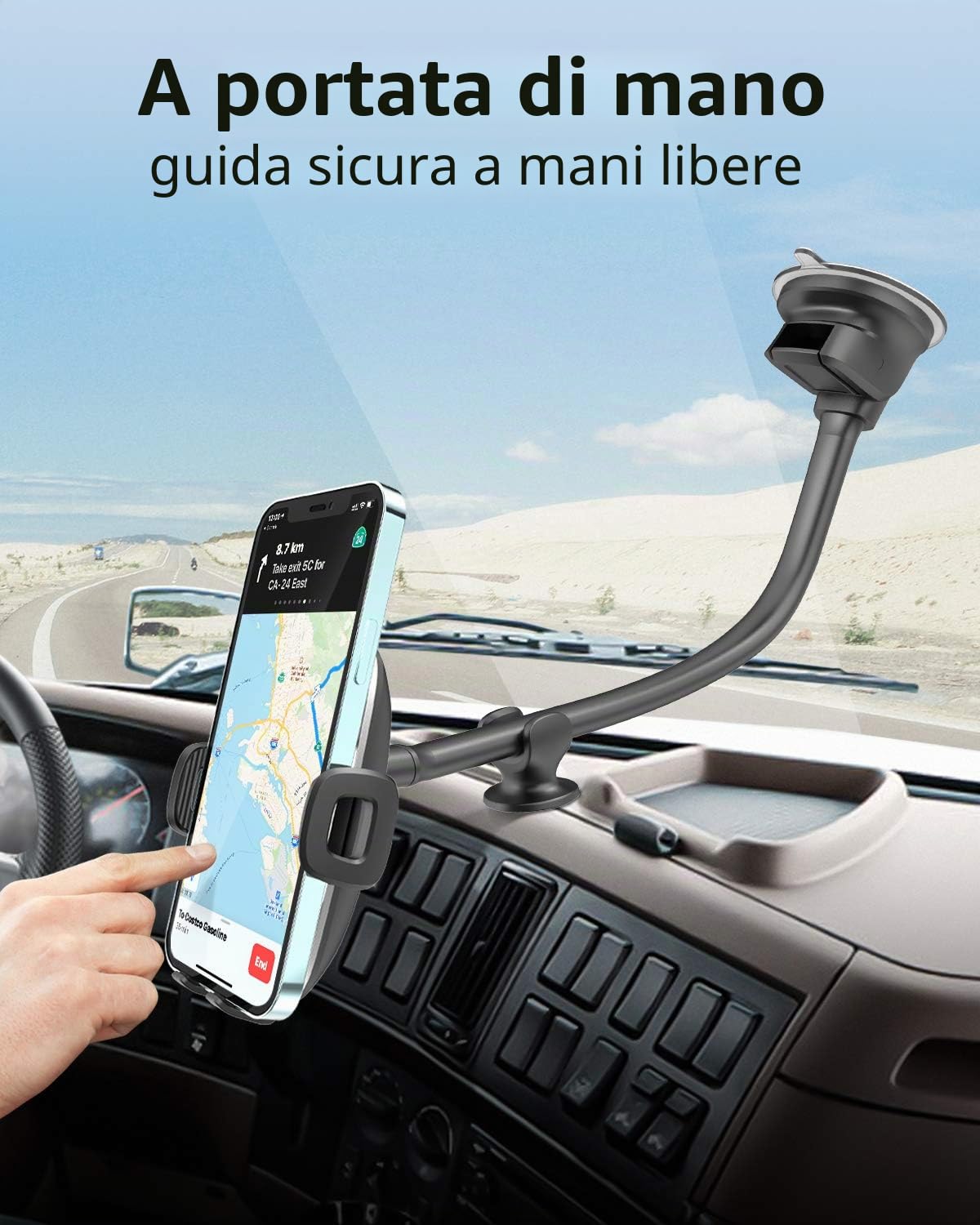 APPS2Car Supporto per telefono per parabrezza auto, braccio lungo flessibile da 13 pollici con collo d'oca, base di aspirazione per telefono e cruscotto per furgoni e camion