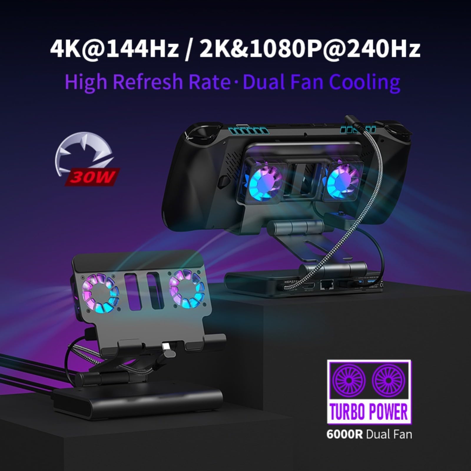 Confezione da 1 docking station di raffreddamento con doppia ventola per Onexplayer Apex per ROG Ally-X Steam Deck, hub USB Gigabit Ethernet 4K a 60Hz, supporto regolabile per giochi (grigio