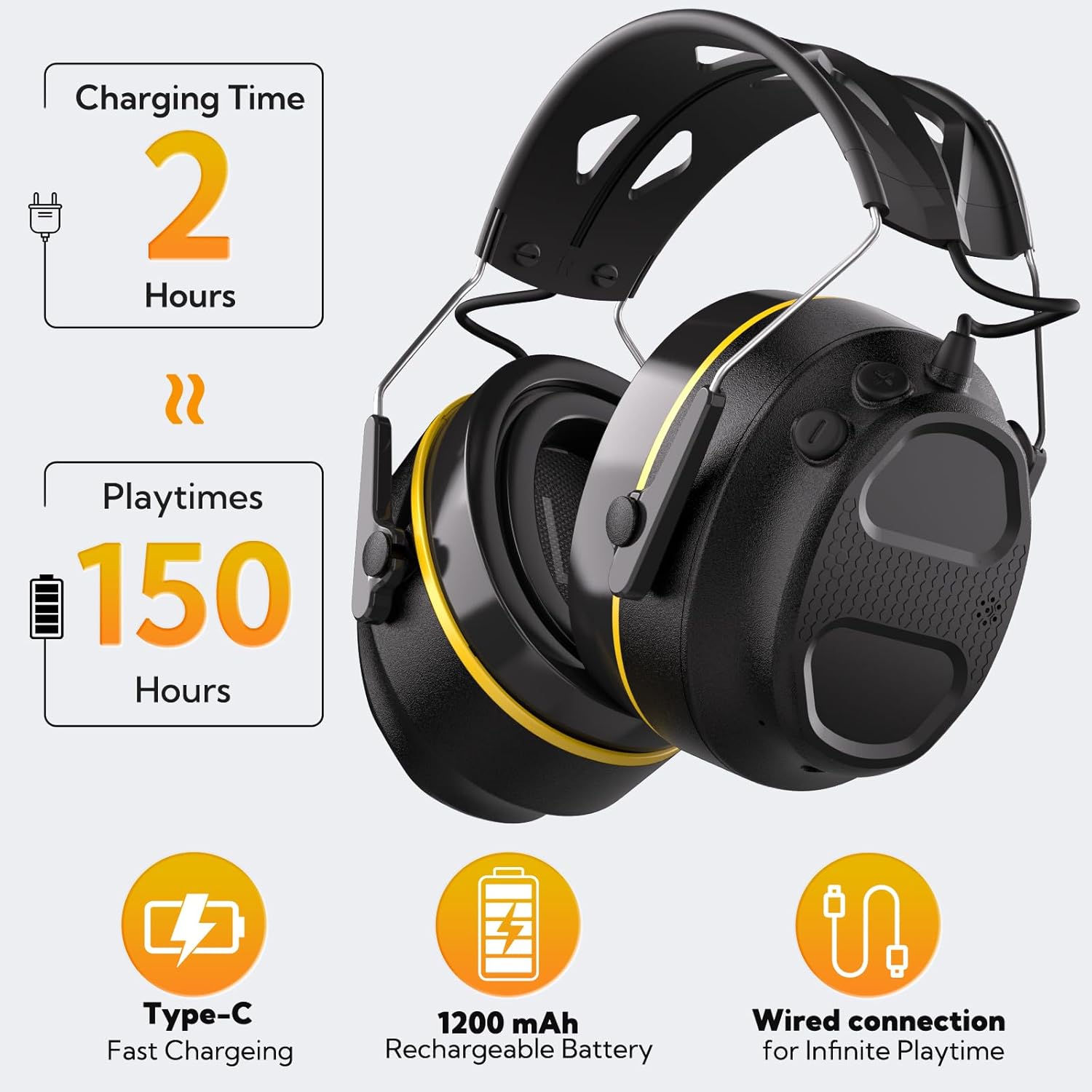 Gel Ear Pad Bluetooth Hearing Protection Headphones, 30dB SNR, 1200mAh Rechargeable Battery for 120H Playtime - Image 5
