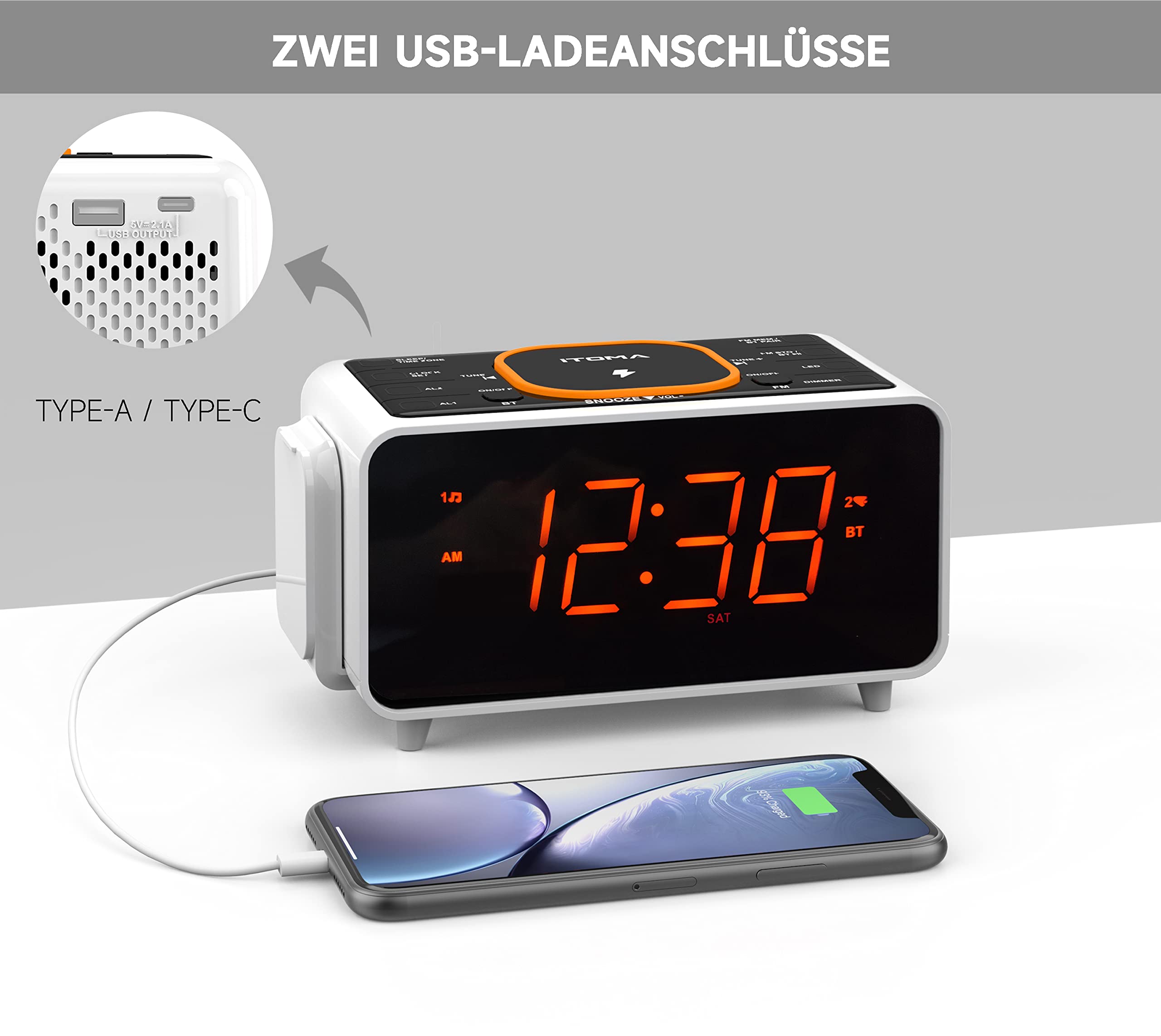 iTOMA Radio Despertador de Doble Carga Inalámbrica con Altavoz Bluetooth, FM Radio, Dos Puertos USB, Control del Dimmer, Doble Alarma, Snooze, Control Automático y Manual de Dimmer CKS209