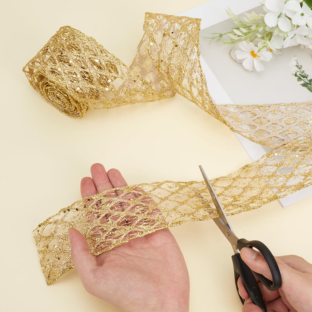 MAYJOYDIY 18.3m Glitzer Diamant Gitter Drahtband Netz Strass Punkte Drahtband 6~6.5cm Breit für Geschenkverpackung Schleifen Basteln Kranz Zubehör, Gold Dekorationsband