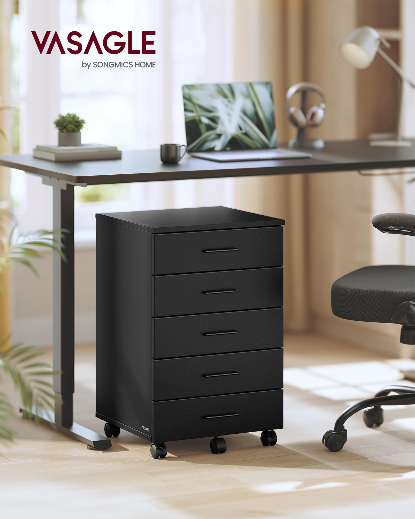 VASAGLE Caisson de Bureau à roulettes, Meuble de Rangement, Support pour Imprimante, avec 5 Tiroirs, Rails Coulissants, pour Bureau, Télétravail, Noir d'encre OFC081BC02
