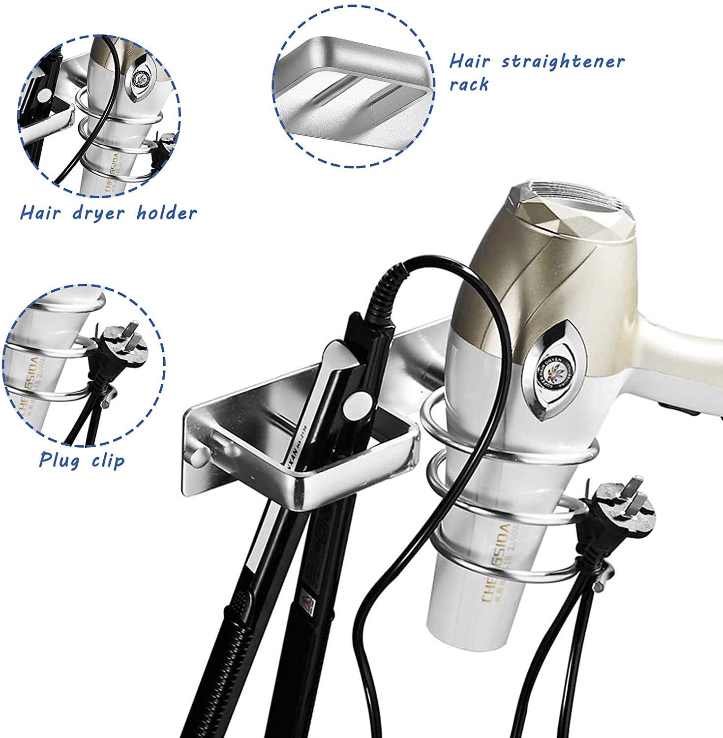 Soporte Para Secador De Pelo De Pared – Acero Inoxidable – Instalación Con Adhesivo Potente – Sin Perforar – Compatible Con El 99% De Modelos – Plata, 12 Cm