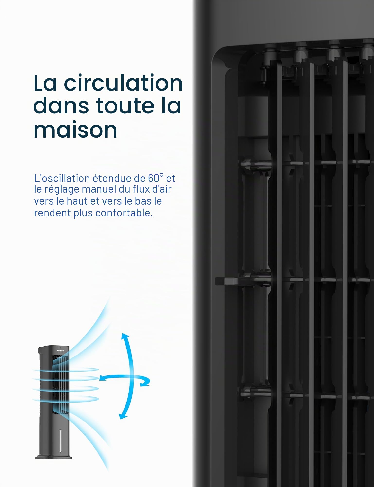 PELONIS Refroidisseur d'Air 5L avec Télécommande, 3-en-1 Portable, Ventilateur & Humidificateur, Oscillation Auto, Minuterie 7H, 2 Packs de Refroidissement
