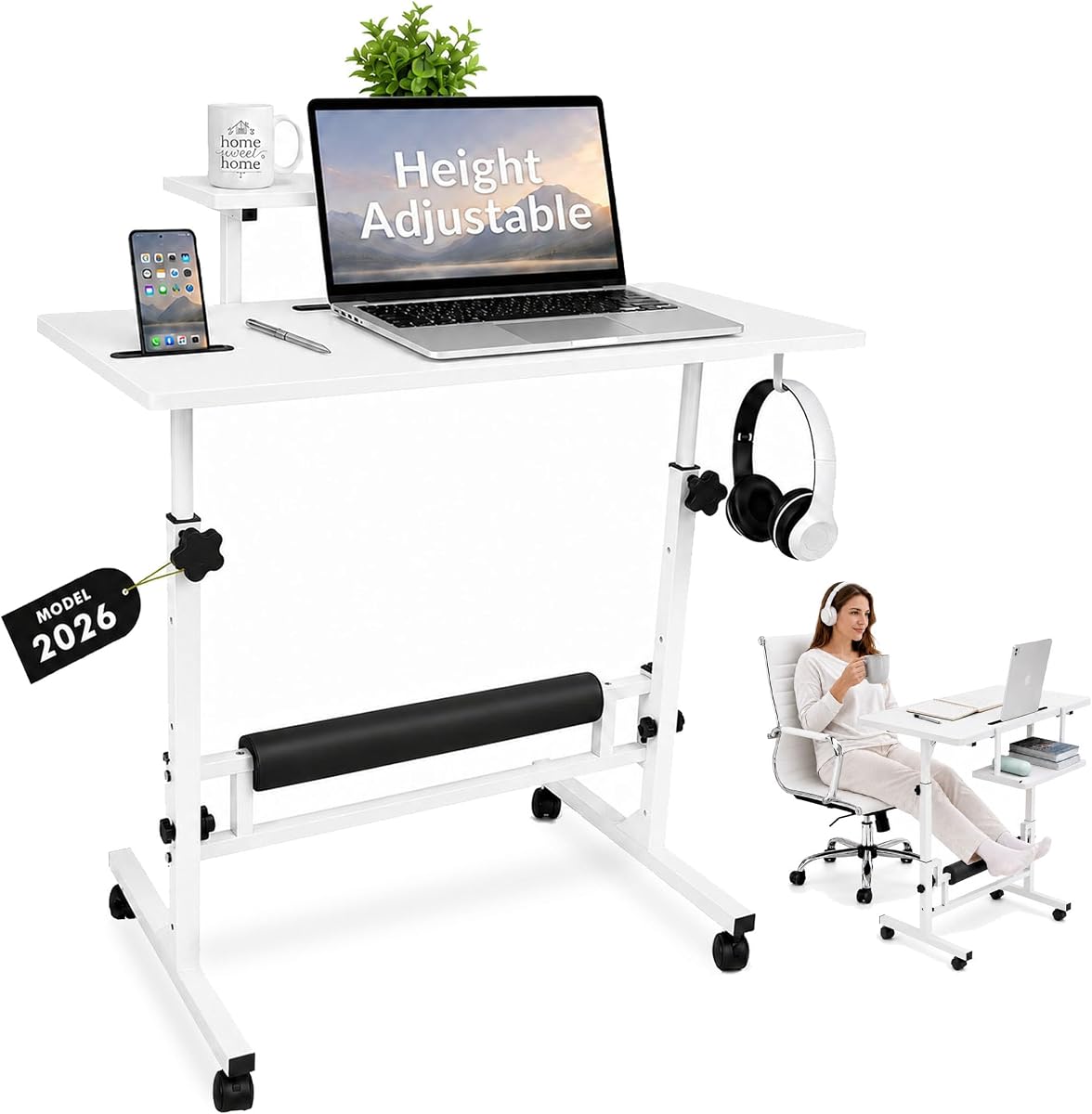 Small Rolling Desk with Wheels, Adjustable Height 27"-43.3" Portable Standing Desk, 31.5"x15.7" Tabletop, Mobile Laptop Computer Table for Home Office Workstation, White