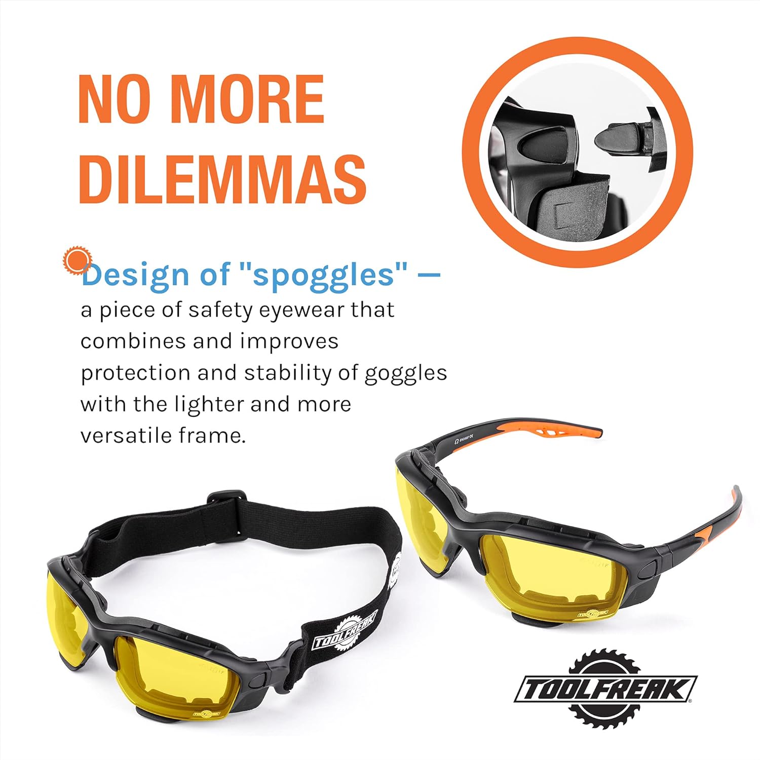 Crazy Deals ToolFreak Spoggles Safety Glasses HD Yellow Polycarbonate Lens, Impact Protection , Foam Padded, ANSI Z87 Rated , Hard Case, Head Strap and Lens Cloth