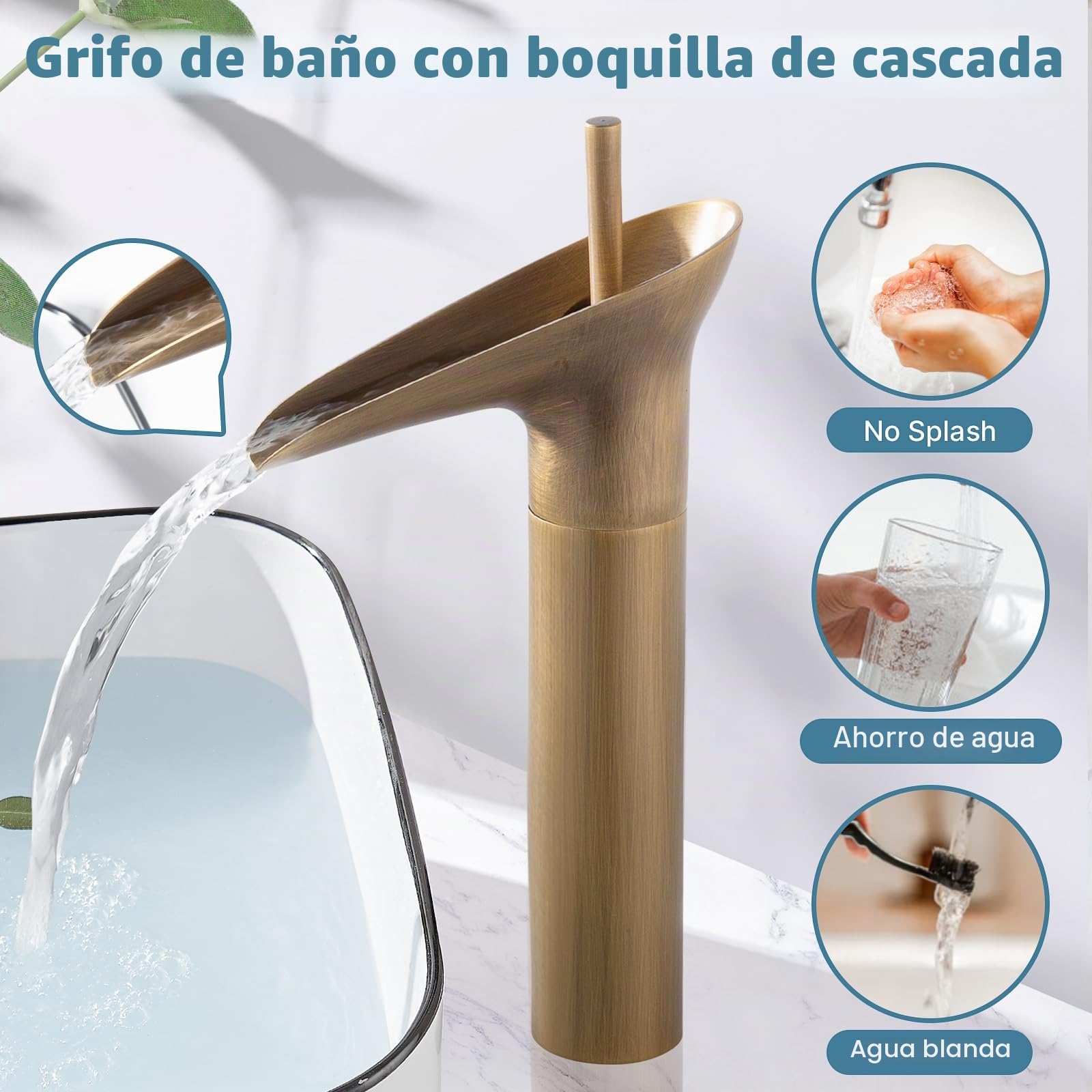 Grifo de Baño Mezclador Monomando de Latón Antiguo, Caño Alto para Lavabo
