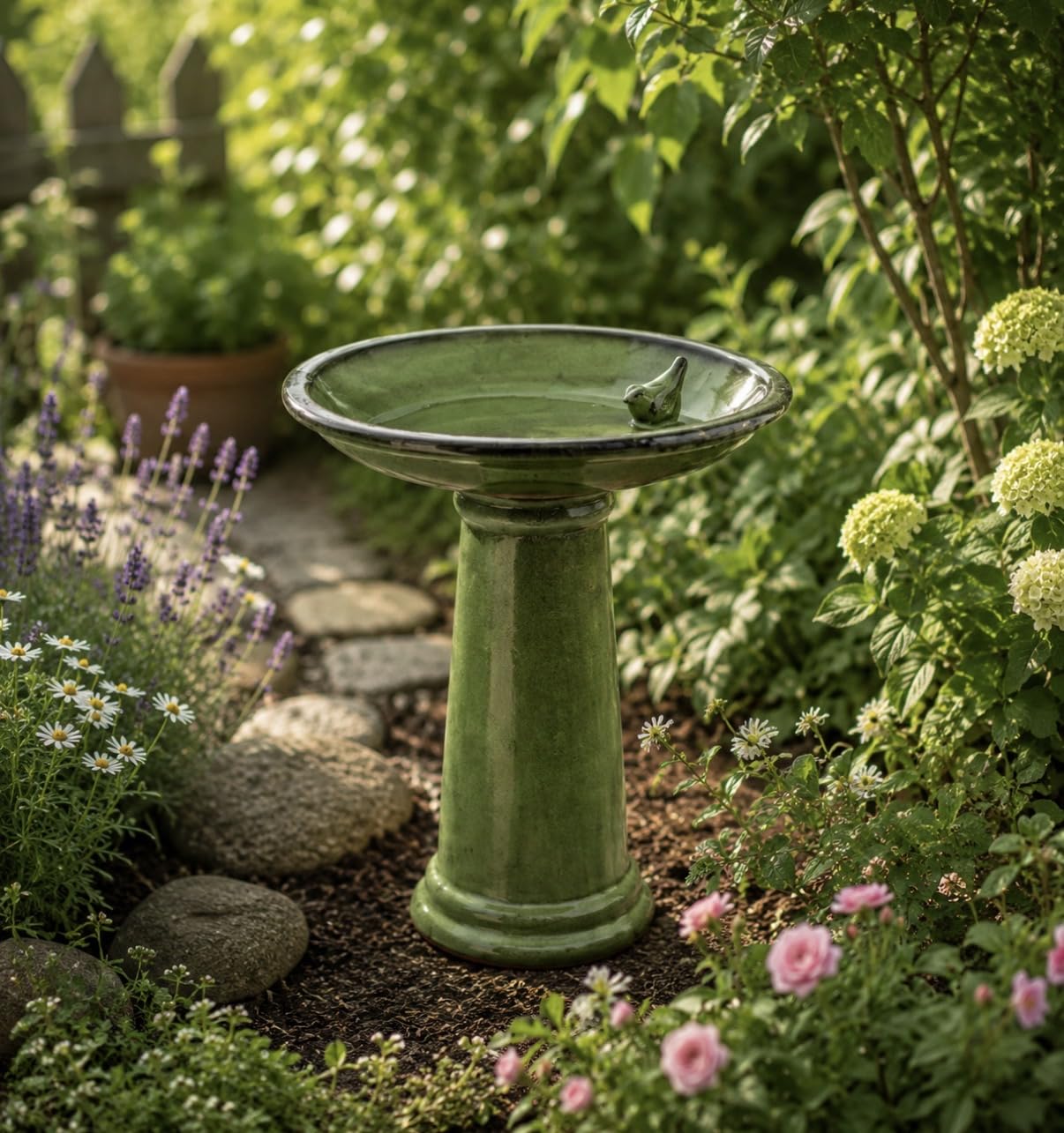 Dekorative Vogeltränke/Vogelbad aus Keramik mit stabilem Fuß. Ideal für Garten, Terrasse oder Balkon und perfekt als stilvolle Wasserstelle für Wildvögel. (Grün)