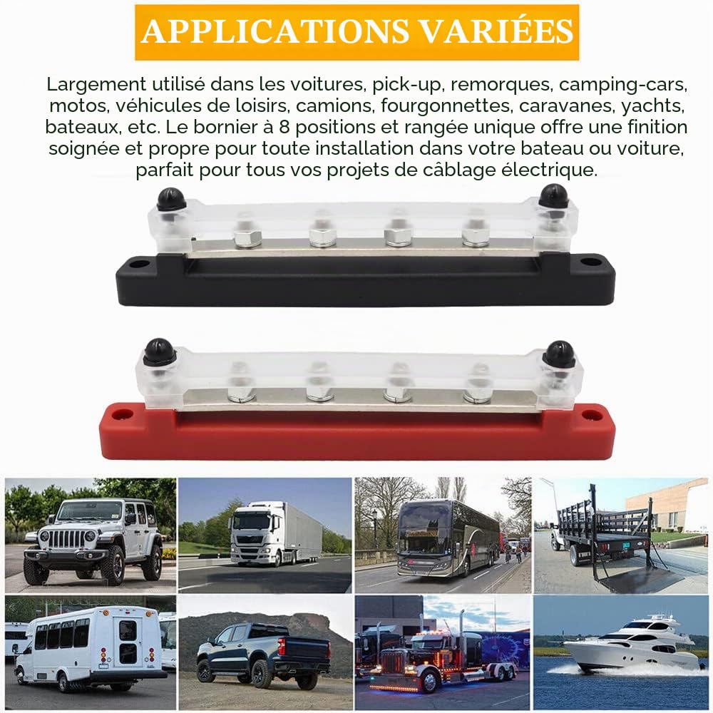 Greluma 1 Paire Barre de bus à 4 bornes, bornier de distribution d'alimentation au sol avec couvercle pour bateau de camping-car, remorque de voiture marine