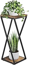 Bamworld Metal Flower Stand with Wooden Shelves, 2 Levels Plant Stand in Industrial Design, Flower Stool for Living Room Balcony Garden Decoration
