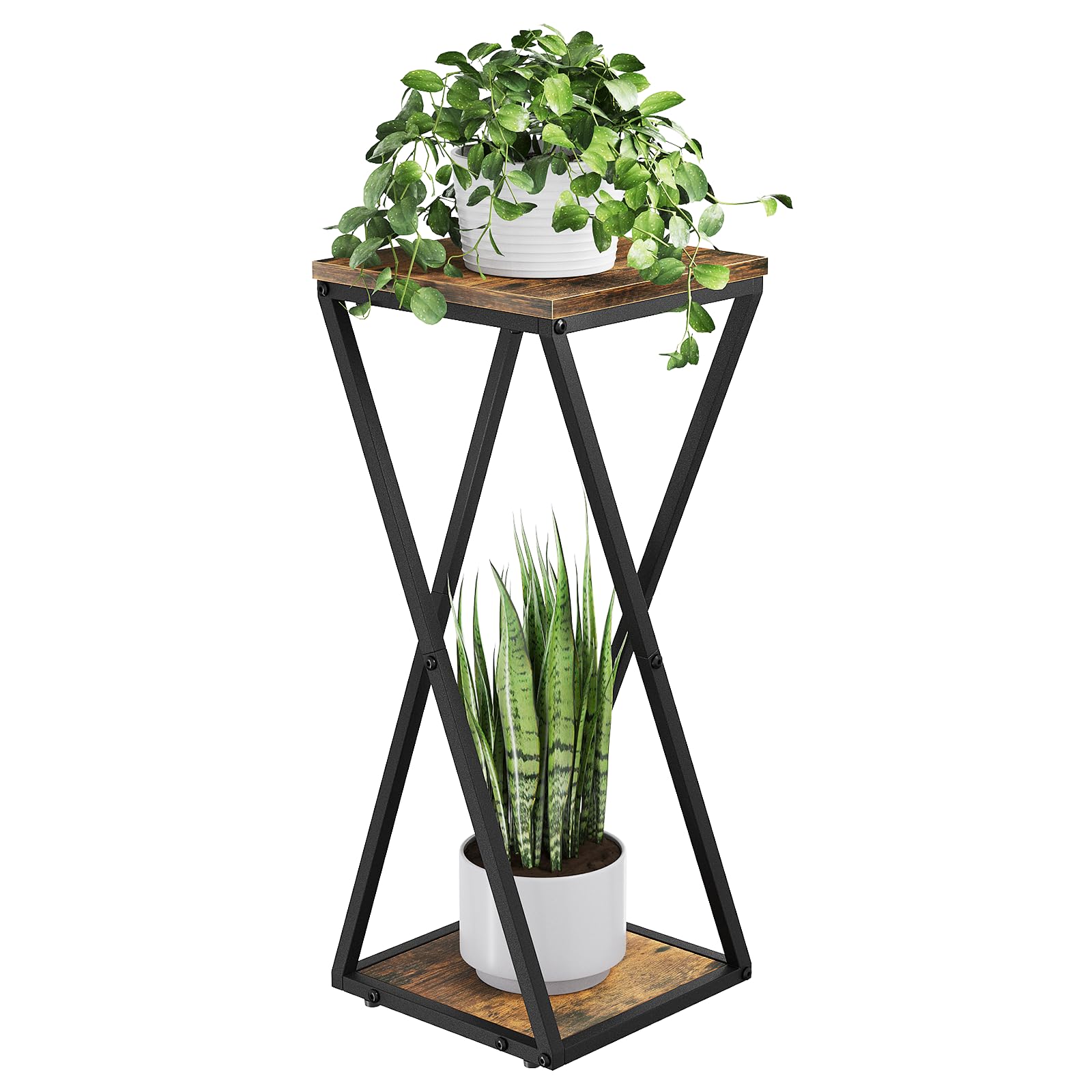 Bamworld 63cm 2 Niveles Estantera para Plantas - Soporte Esquinero para Plantas de Interior Múltiples, Marco de Madera Maciza Color Negro, Soporte para Macetas para Patio, Jardín, Esquina y Balcón
