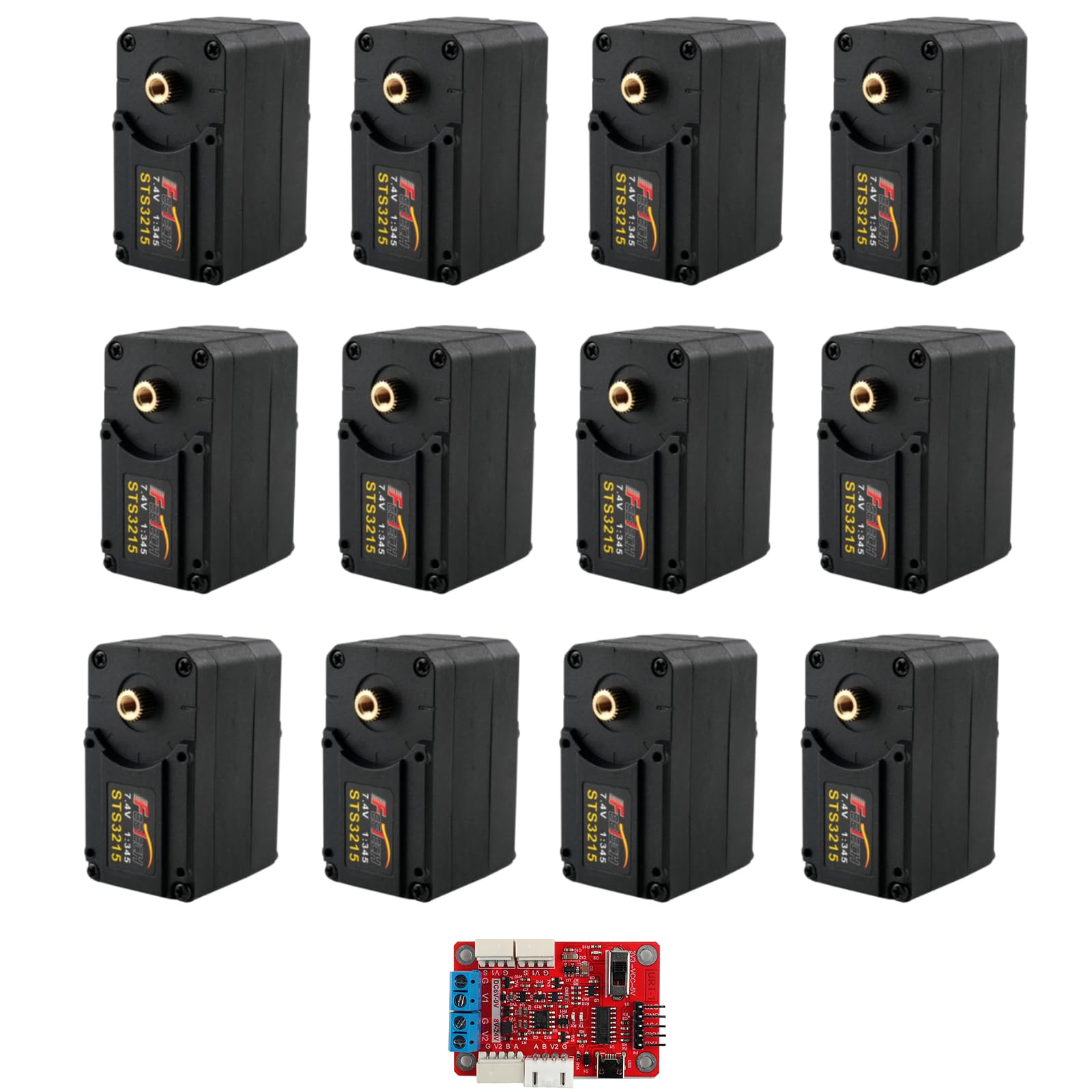 Feetech STS3215 - Servomotor robótico, par de torsión de 19 kg, 7.4 V, bus serie de 360° con retroalimentación TTL para brazo robótico, kit de robot Arduino, modelo RC (12 piezas servo + FE-URT
