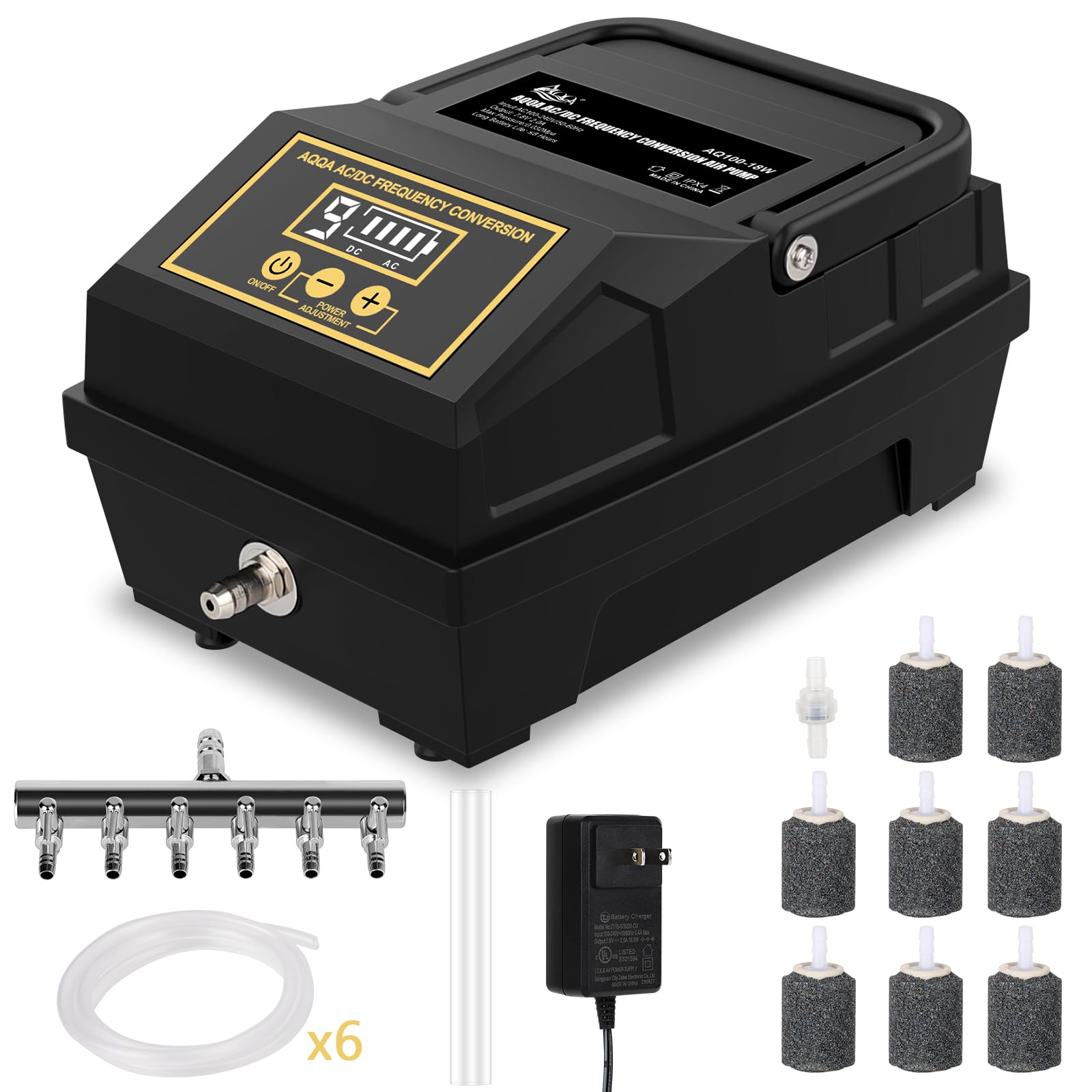 AQQA Aquarium Air Pump,Outdoor Powerful Pond Oxygen Pump,Battery Powered 6 Outlets Fish Tank Aerator,18W Adjustable Aquarium Oxygen Pump,with Accessories,Up to 4500L