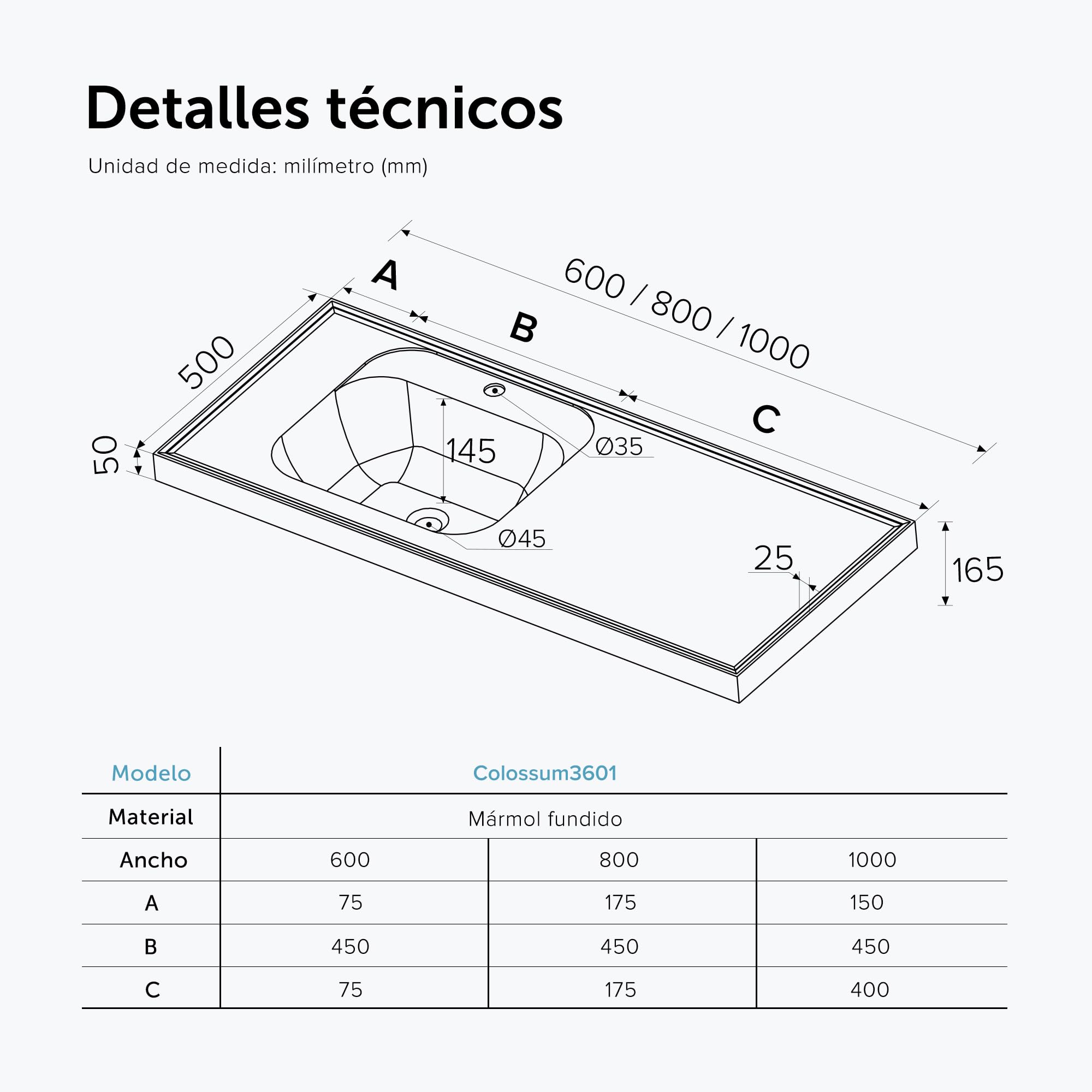 doporro Lavabo encastrado blanco para baño 60x50x16.5cm Colossum3601 lavabo de mármol fundido