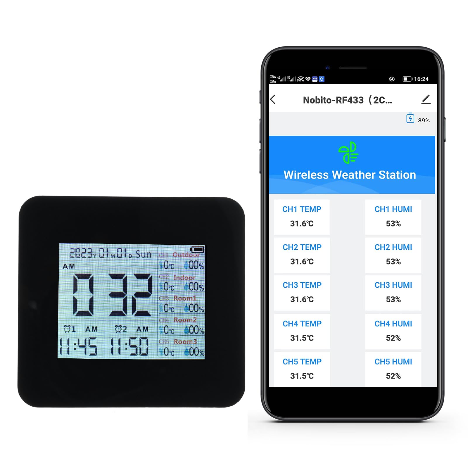 Digitales Hygrometer, Innen- und Außenthermometer, 13-in-1, multifunktionales kabelloses Temperaturmessgerät für den Heimgebrauch (5 Pcs Sensors)