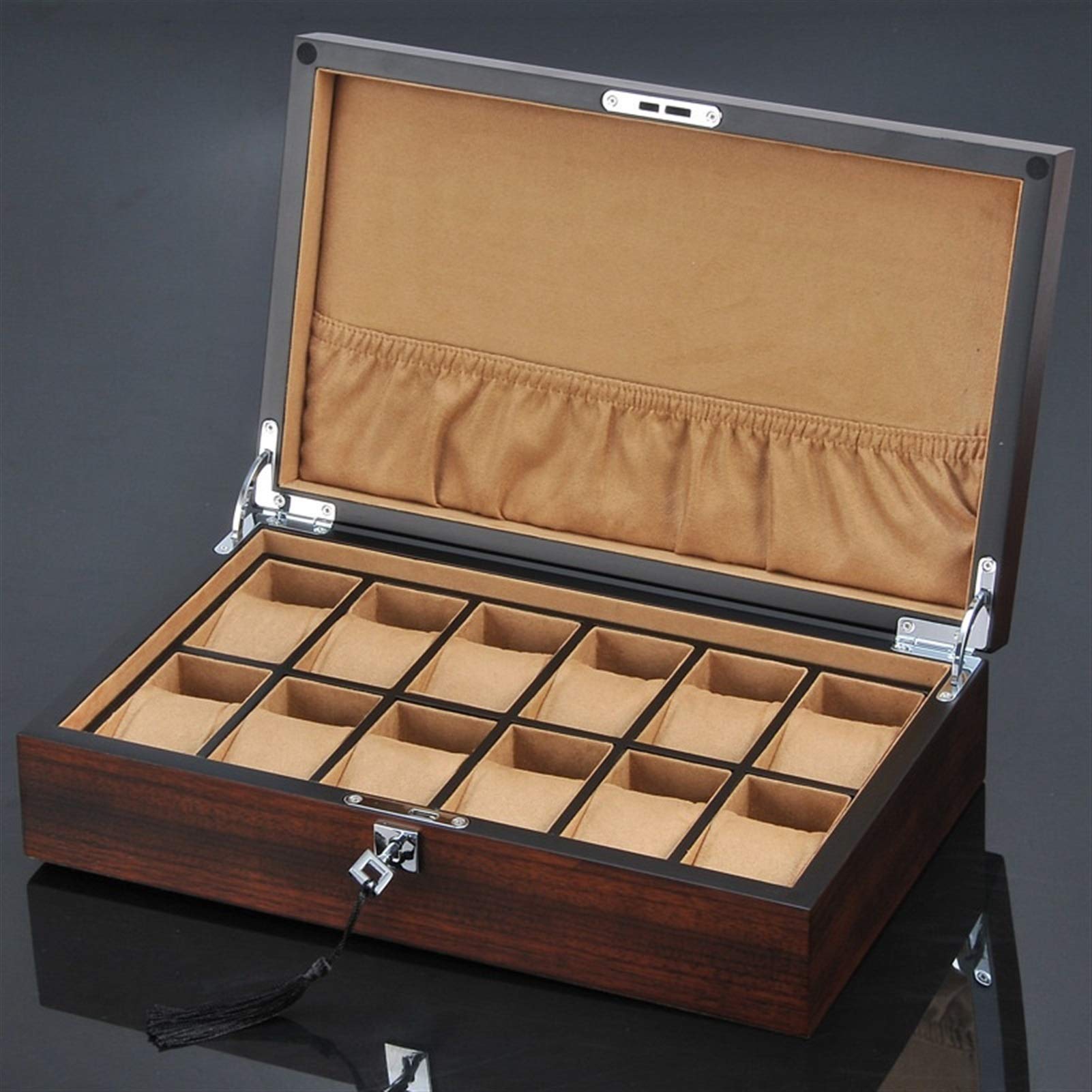 Uhrenbox, 12 Fächer, Holz-Uhren-Organizer mit Schloss, Luxus-Uhrenhalter, Holz-Schmuck-Geschenketui, Aufbewahrungsboxen, Uhren-Organizer für Aufbewahrung und Präsentation (Farbe: Gelb)