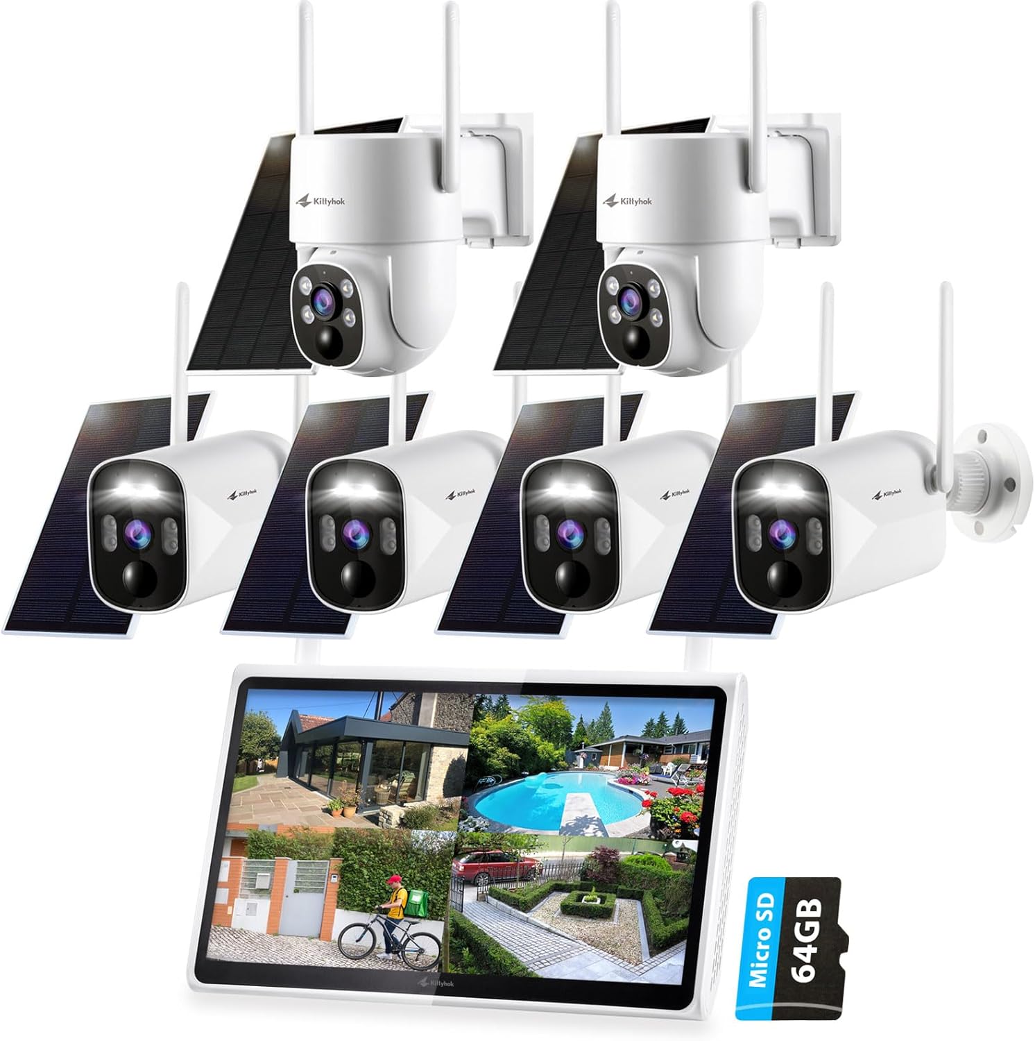 Kittyhok Home Solar Securiy Camera System | 4pcs Bullet & 2pcs PT Wireless Solar Security Camera Outdoor, Human Detection, Spotlight | 10CH NVR, 10'' IPS Monitor, Local Storage