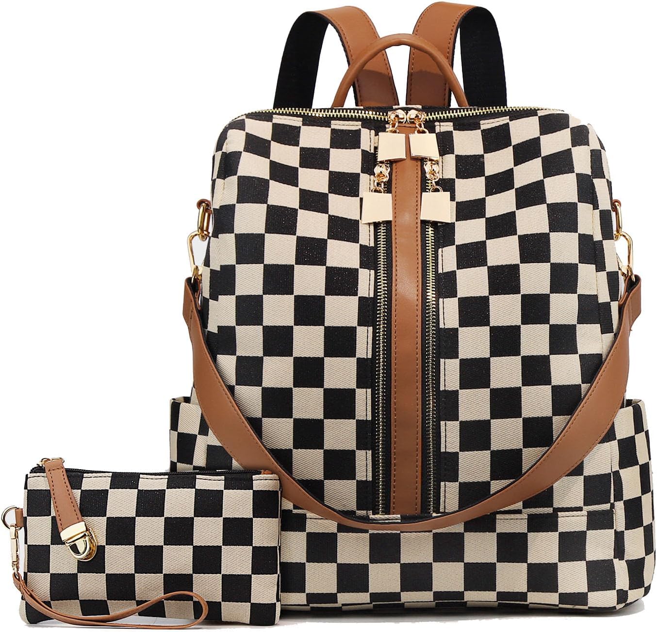 Checkered Backpack Purse for Women Plaid Back Pack Purses Leather Backpack Bags Handbags for Travel Work (Brown)