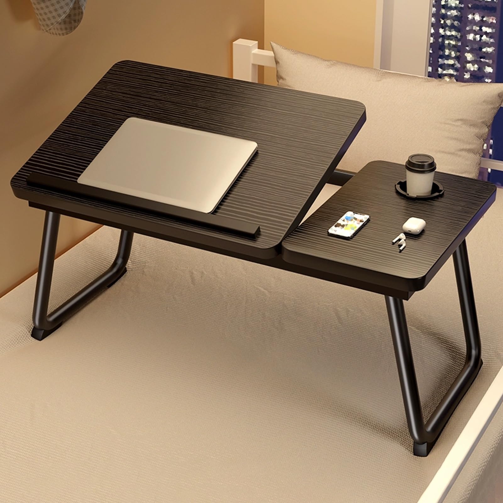 Składane biurko na laptopa na łóżko i sofę, regulowana taca śniadaniowa z antypoślizgowymi paskami i uchwytami na kubki – idealne do domowego biura, nauki i relaksu.