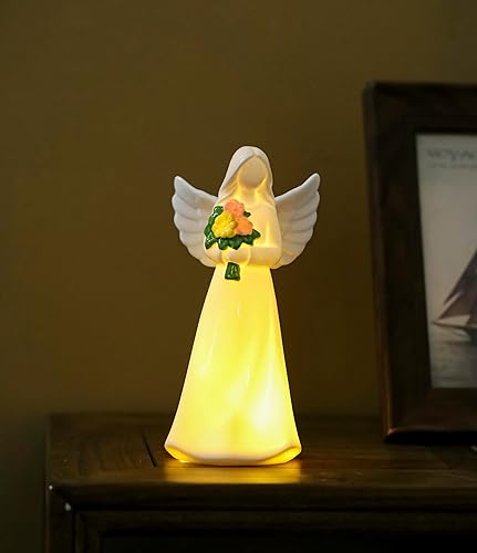 Miniatura 14 de ADAVAS.Y&G Figura de ángel de porcelana con mandolina y luz LED, alas doradas, estatua de ángel de cerámica translúcida blanca cálida para