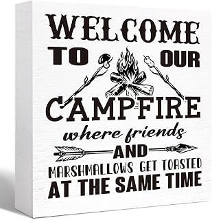 Funny Camping Wooden Sign Welcome to Our Campfire Wood Block RV Camper Decor for Inside,Campers Plaque Desk Decor,Gifts for Camper Lover