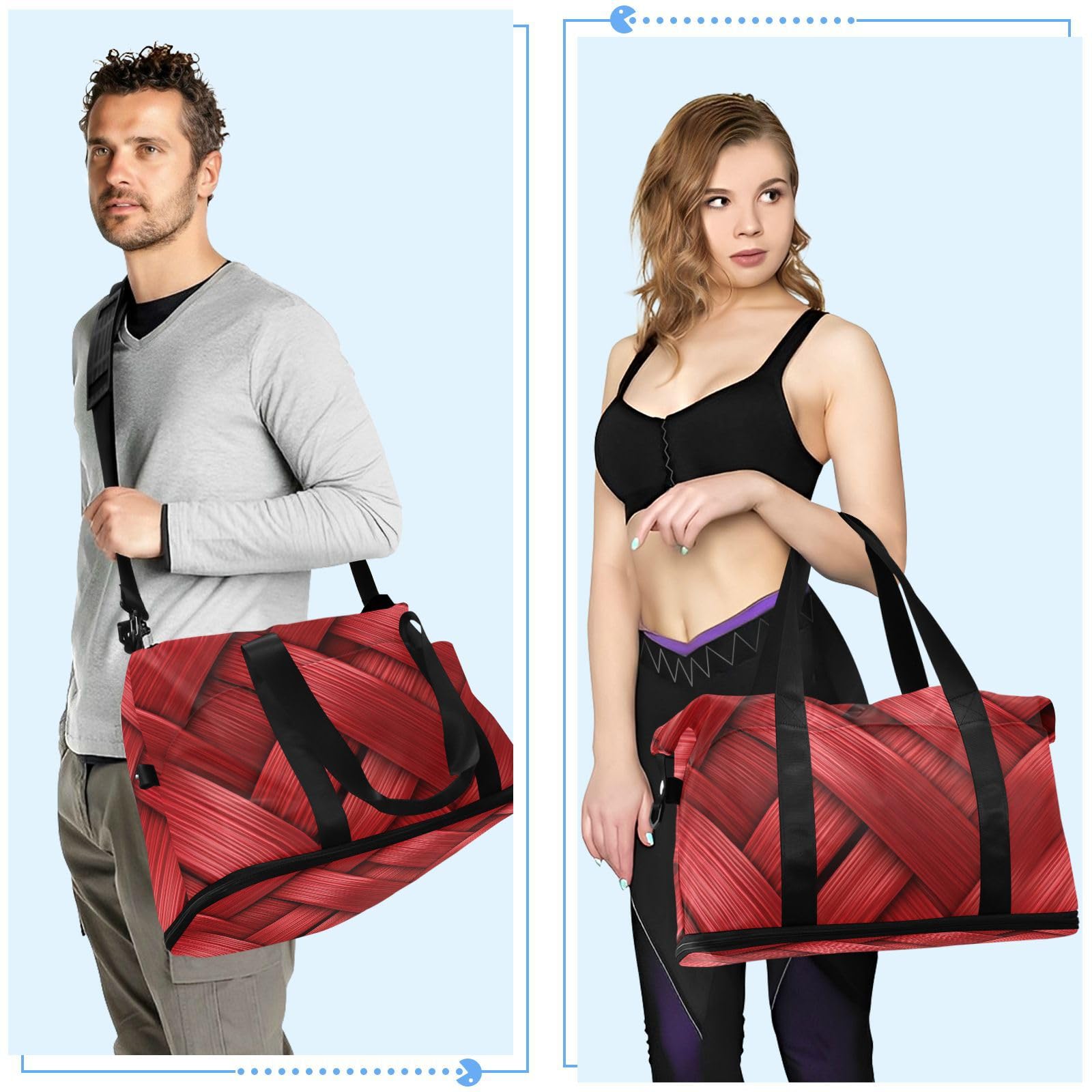 Übergroße Reisetasche aus Rattan, Ballstruktur, rotes Muster, mit Nassfach, verstellbarer Riemen, Sporttasche für Fitnessstudio, große Kapazität, für Damen und Herren
