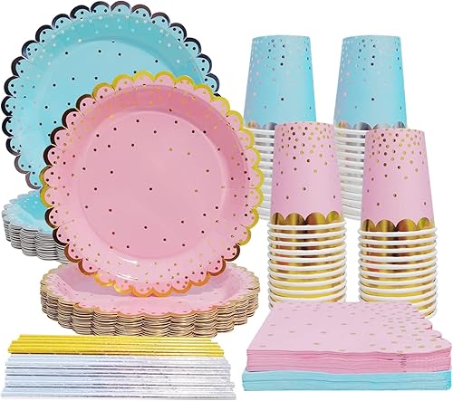 240 platos y servilletas de papel para revelación de género rosa y azul de Ottin para cumpleaños, fiesta de revelación de género, baby shower, boda,