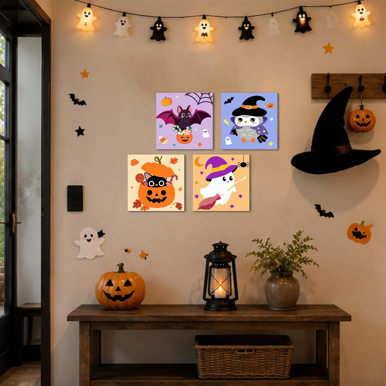 4 Pack Halloween Paint by Number for Kids with Wooden Frame and Easel | Halloween Paint by Numbers for Kids Ages 4-8-12, Easy Paint by Number Acrylic Painting by Number for Gift Home Decor 8x8inch