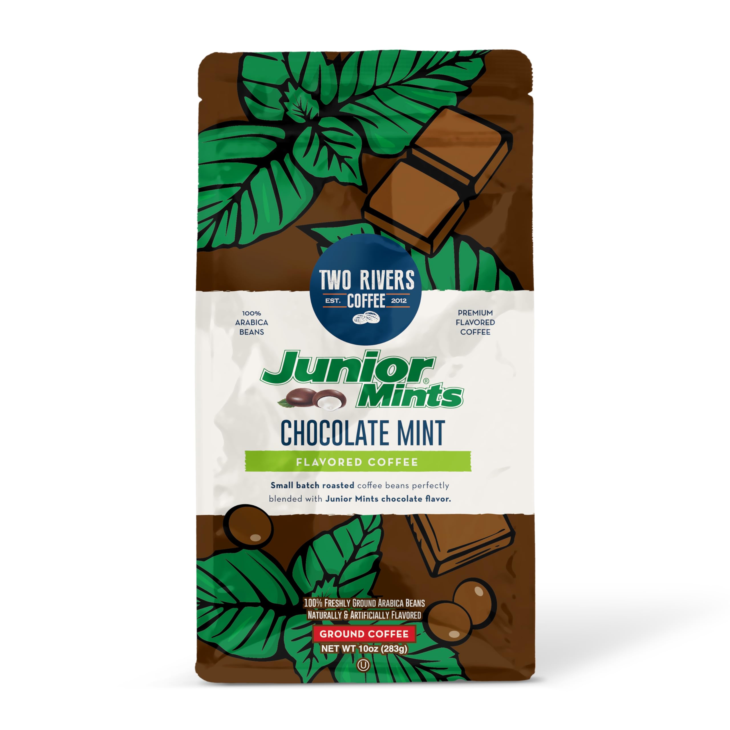 Two Rivers Coffee Junior Mint Flavored Ground Coffee, Perfectly Balanced, Always Smooth, Made with 100% Arabica Beans - Flavor Enhanced, 10 Ounce Bag