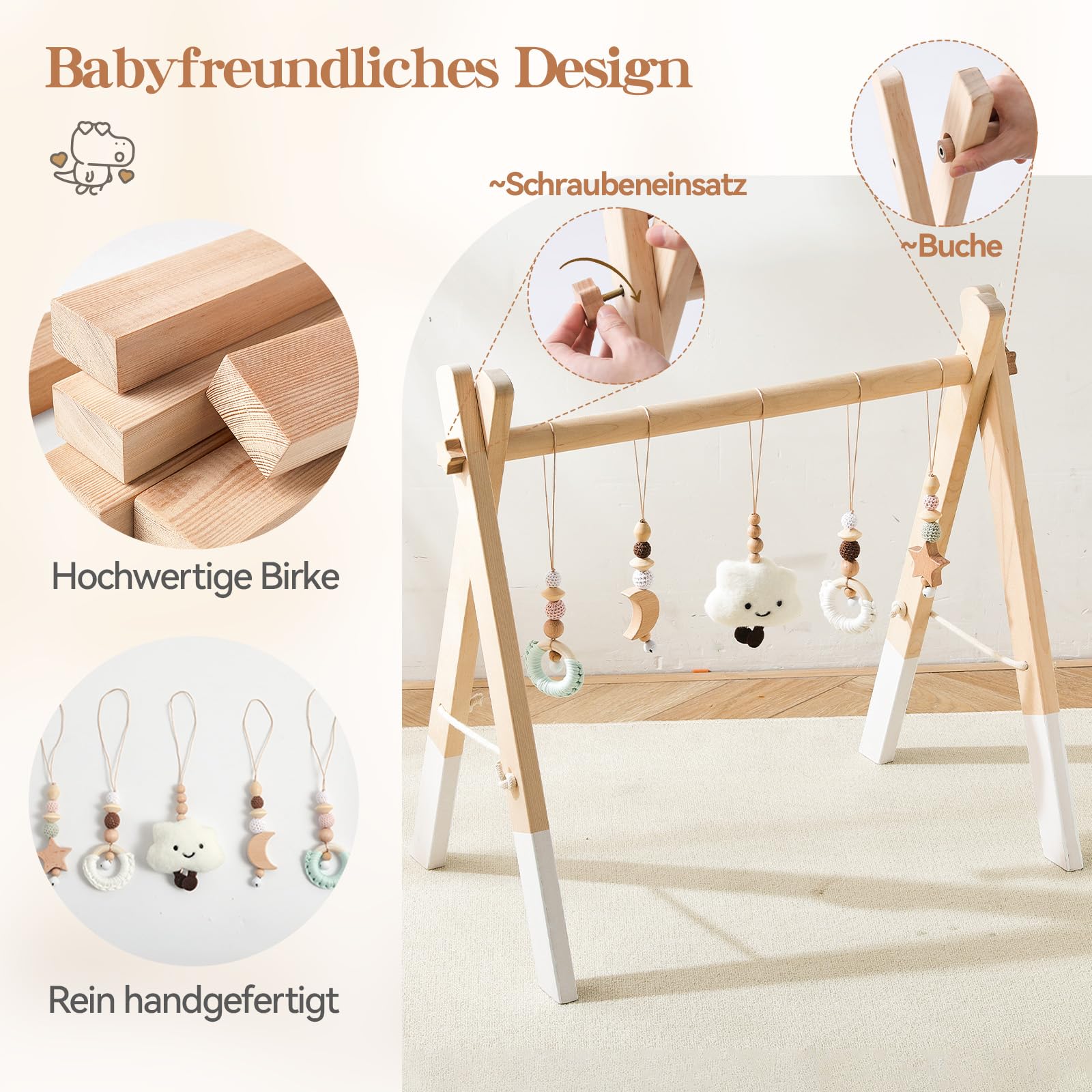 WOODEN TEETHER Arco da gioco per bambini in legno con 5 giocattoli sensoriali staccabili | Montessori Arco da gioco in legno Play Gym a partire da 0 mesi