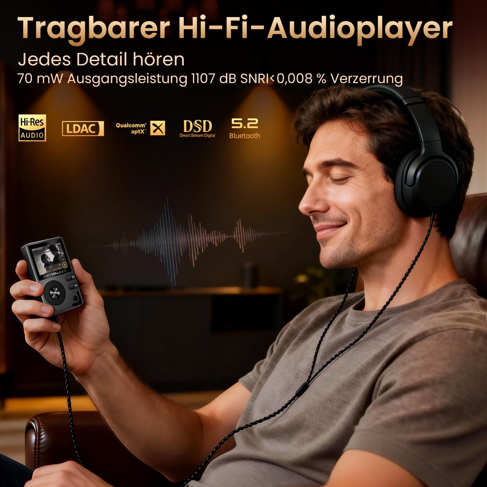 HIFI WALKER H2 MP3 Player mit Bluetooth 5.2, DSD DAC Hi-Res FLAC Verlustfreier Musikplayer, Tragbarer Digitaler Audioplayer 64GB Speicher erweiterbar bis 512 GB