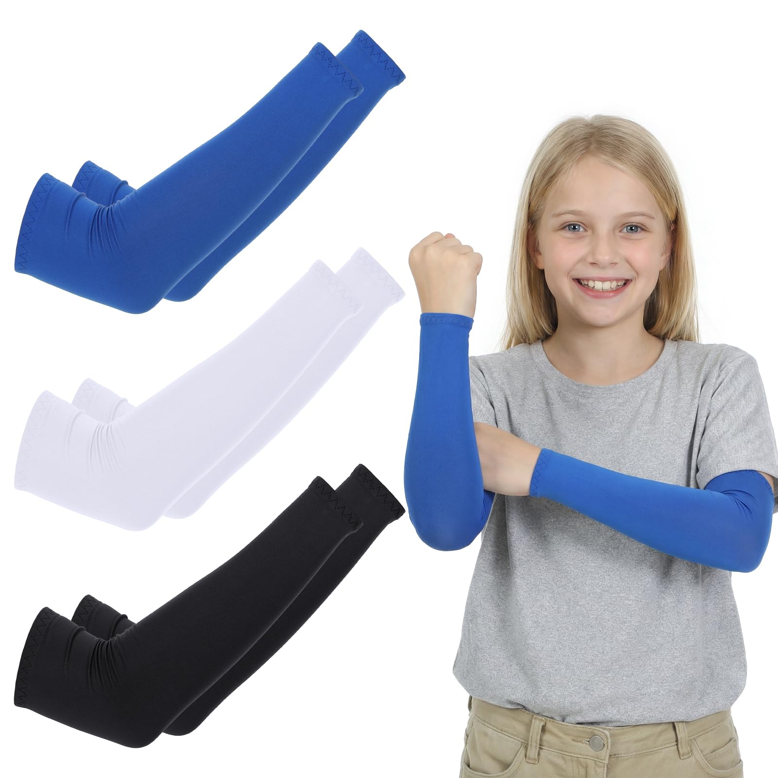 Mangas de brazo para niños, 3 pares de mangas de protección solar UV para niños y niñas, manga elástica transpirable para exteriores, para baloncesto, voleibol, béisbol, deportes (negro, blanco, azul)