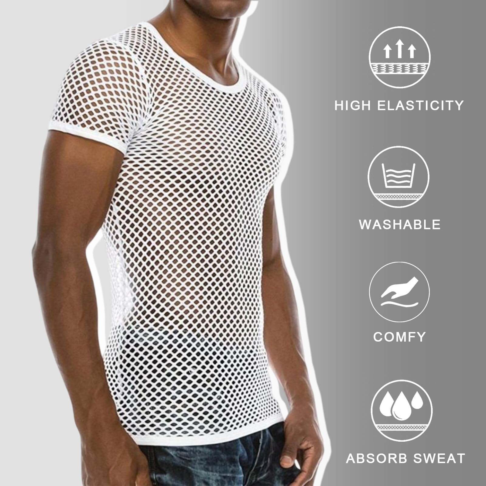 Hombre Camiseta de Malla Interior Sexy Hueca Ejercicio (Blanco)
