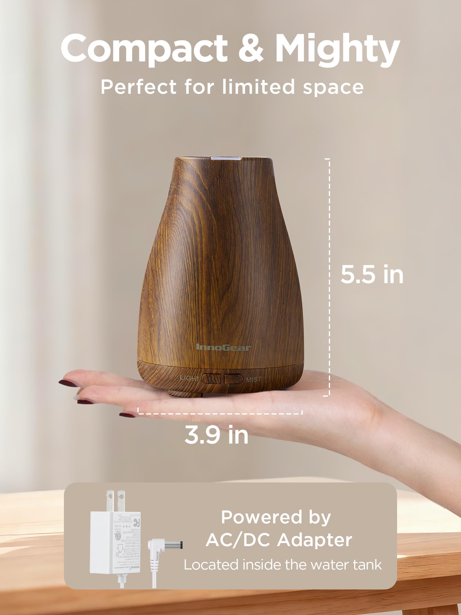 InnoGear Essential Oil Diffuser, Ultrasonic Diffusers for Home Aromatherapy Humidifier for Bedroom Room 7 Colors LED 2 Mist Mode Auto Off, Bronze