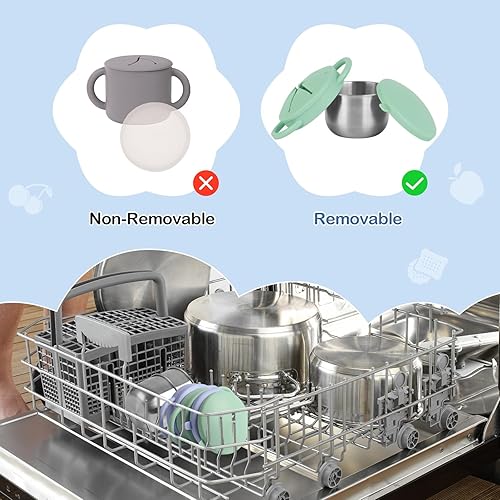 Miniatura 5 de Paquete de 2 vasos de aperitivos para niños pequeños a prueba de derrames, vasos desmontables de acero inoxidable con tapas y asas de silicona,