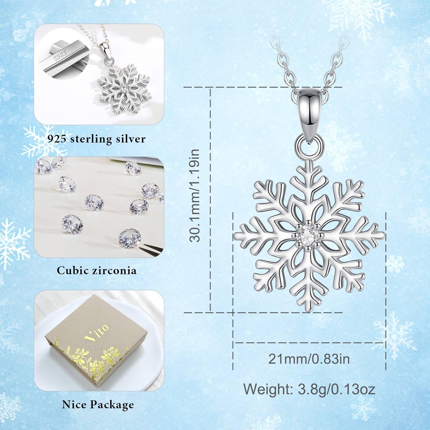 Vito 925 Sterling Silver Snowflake Necklace for Women, Dainty Snowflake Pendant Winter Jewelry Christmas Gift for Mom Wife Daughter, 18" Silver Chain - Image 4