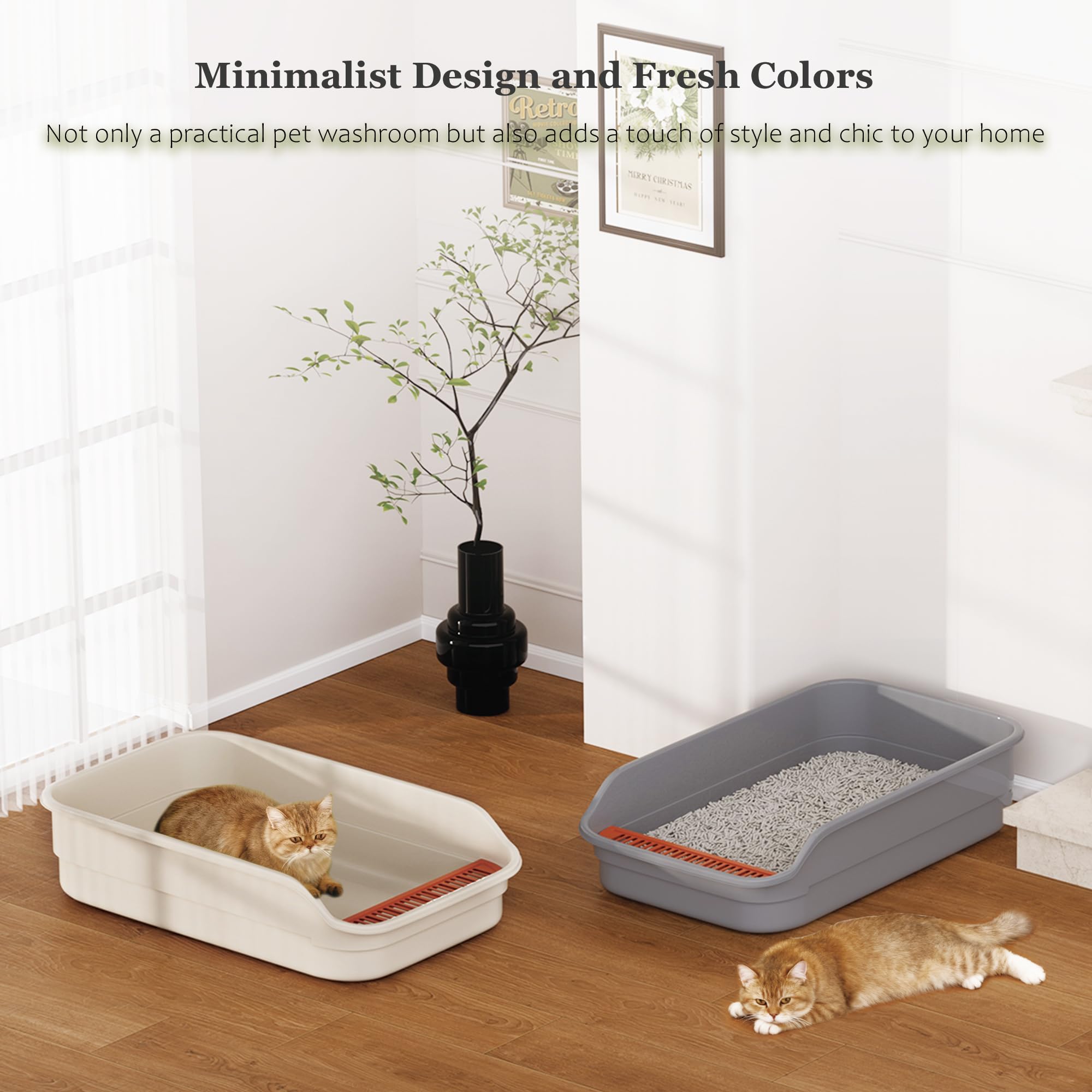 Vealind Bac à Litière Chat XXL， Design Ouvert parois Hautes Anti-éclaboussures pédale Anti-Fuite Grand bac litiere pour Chat， 60×40×16cm，pour Chatons et Grands Chats (Gris)
