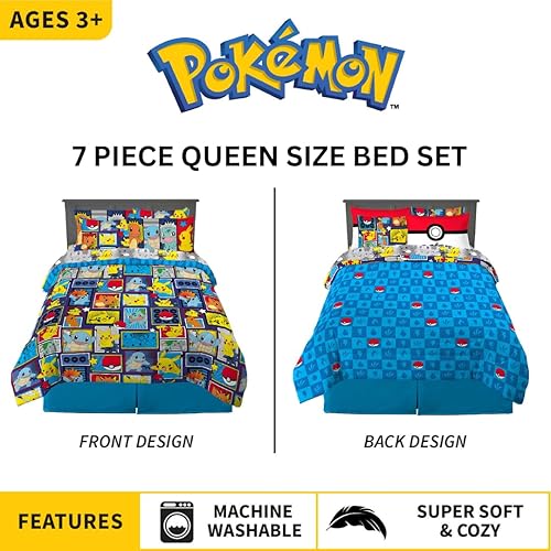 Miniatura 2 de Franco Pokemon Bedding - Juego de edredón y sábanas súper suaves con funda, 7 piezas, tamaño Queen, (producto oficial con licencia)