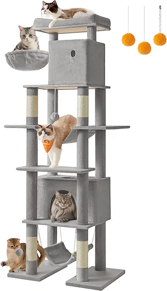 Feandrea Cat Tree, 79.1 Inch Tall Cat Tower for Indoor Cats, Multi-Level Large Cat Condo with 4 Scratching Posts, 2 Hammocks, a Perch, 2 Cat Caves, Anti-Tip Kit, Light Gray UPCT195G01
