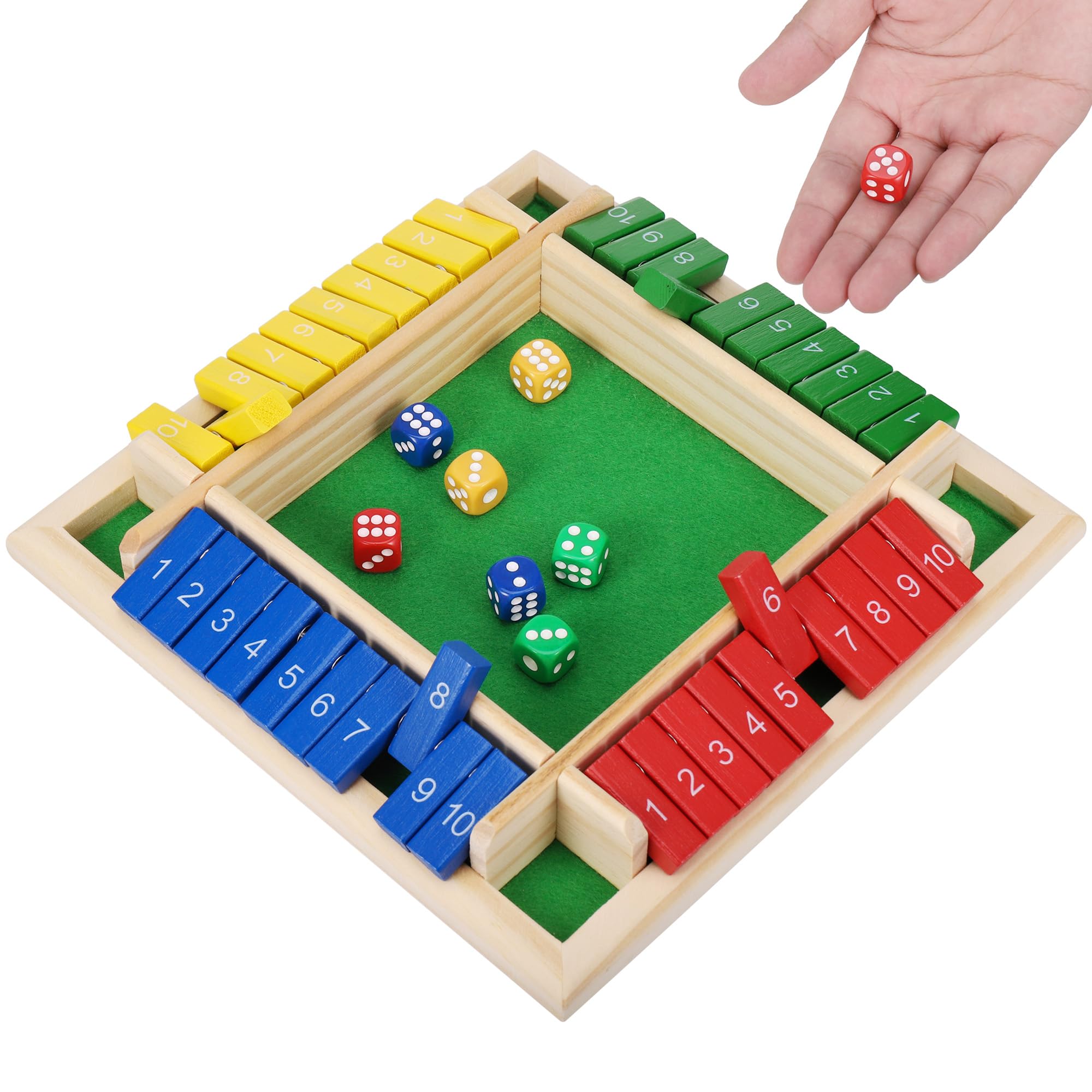 Starvortex Gra planszowa w kości z drewna, edukacyjne Shut The Box na 4 graczy, kolorowa taktyczna gra planszowa z 8 kośćmi, wysokiej jakości drewniane gry, gry w kości dla dorosłych i dzieci