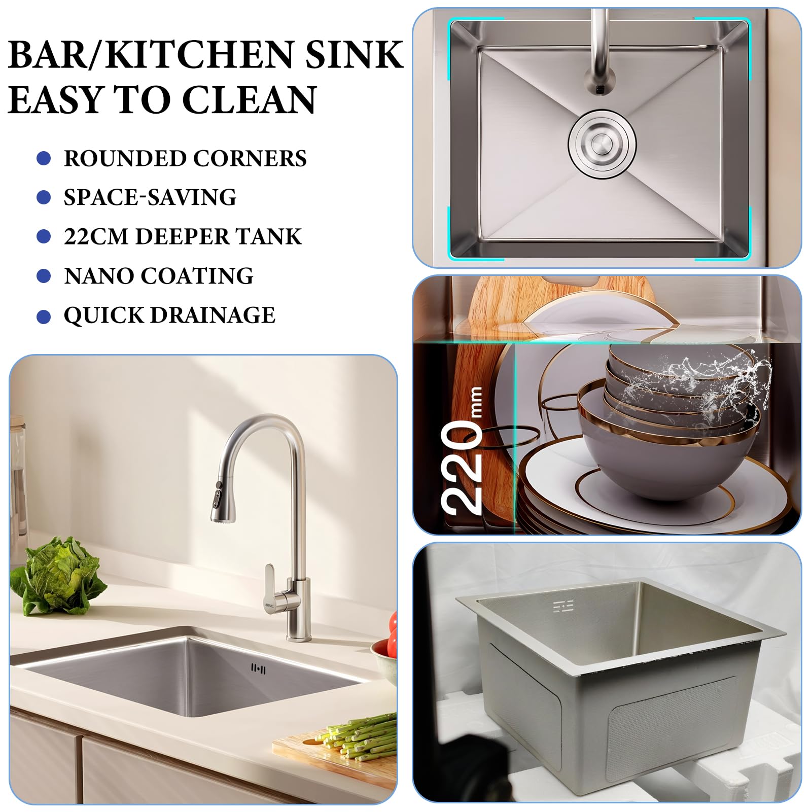 Fregadero Cocina 1 Seno 55 x 40 cm, Acero Inoxidable Cepillado, con Grifo Giratorio 360°, Fregadero Bajo Encimera o Sobre Encimera, con Sifón, Rebosadero y Desagüe, Escurridor de Enrollable