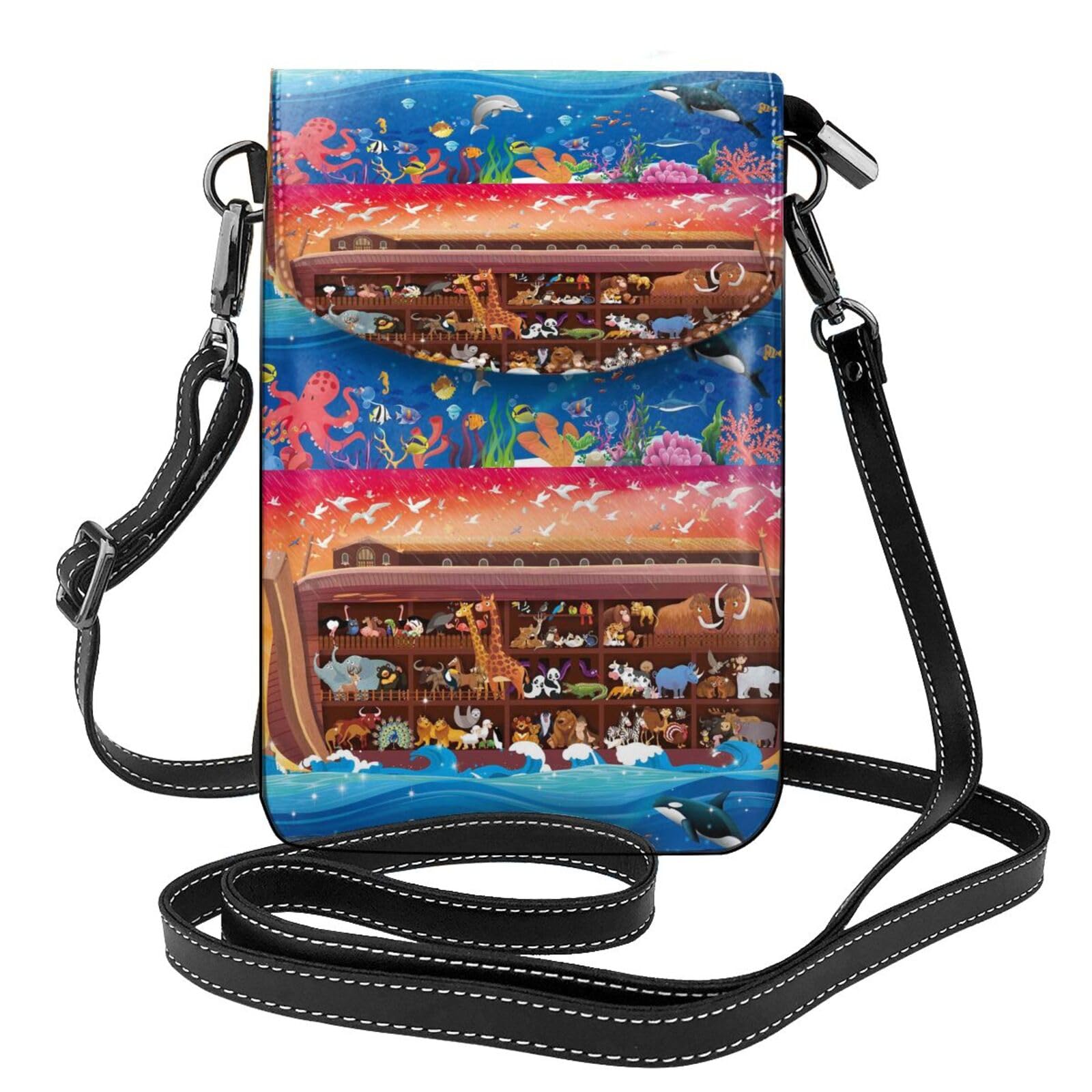 Xiso Ver Animals On Noah's Ark Print Small Crossbody Bags for Women Leather Cell Phone Purses Mini Leather Shoulder Handbag Adjustable Strap