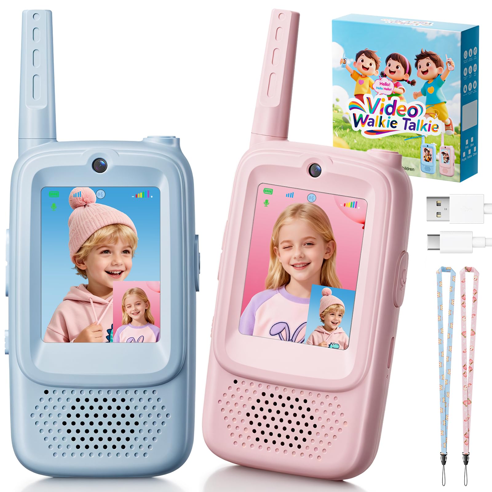 Video Walkie Talkies for Kids 2 Pack Rechargeable Video Intercom Kids Walkie Talkies with Voice Changer, 1000 Feet Range