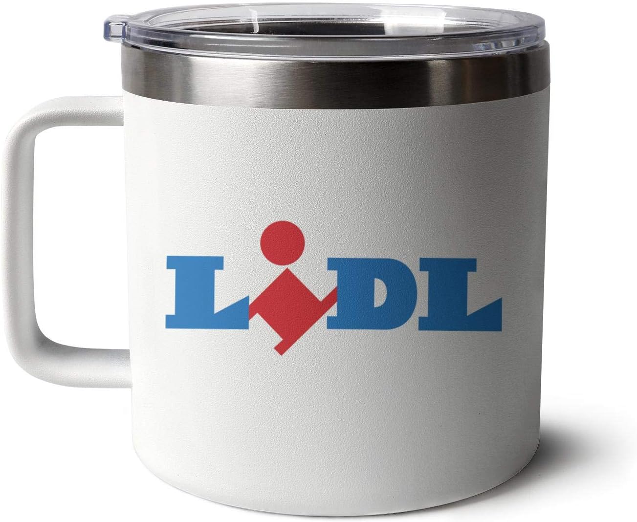 Lidl-Supermarkets-Logo- 14oz Stainless Steel Insulated Coffee Mug with Handle Reusable,Durable Tumbler Cup Vacuum Insulated Camping Mug with Standard Lid,White