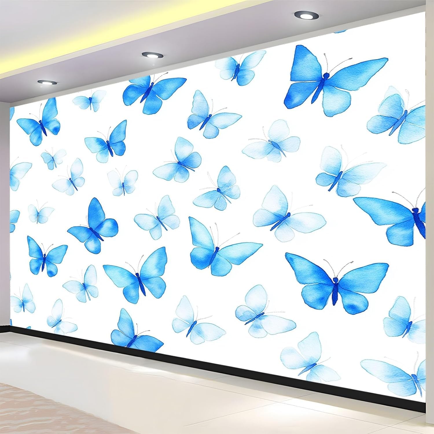 Papier peint panoramique bleu intissé à effet papillon 3D pour fresque murale q3862
