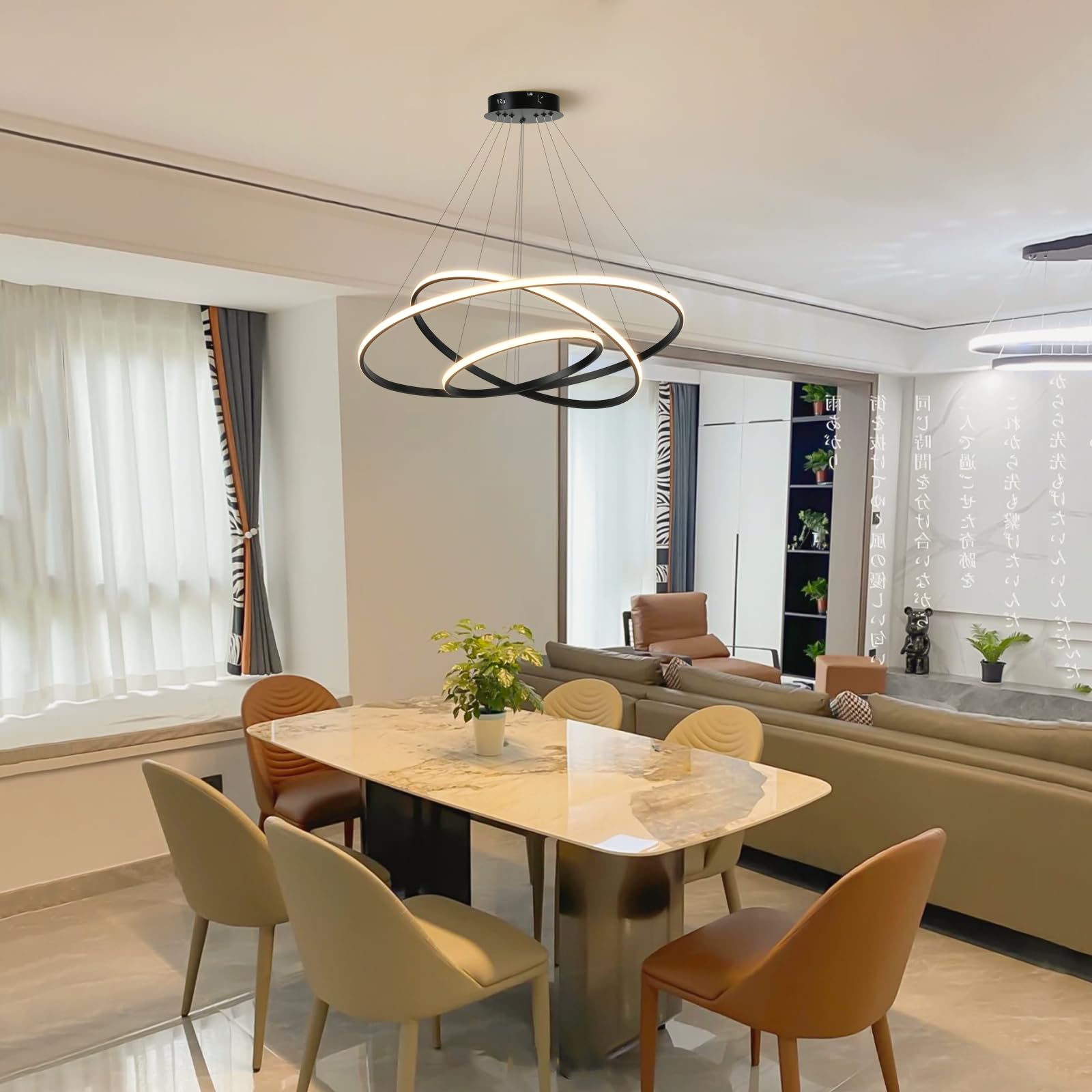 Lampadario a sospensione a LED, dimmerabile a 3 anelli, in acrilico, nero, regolabile, per cucina, isola, sala da pranzo, soggiorno, camera da letto, atrio, 40 + 60 + 80 cm