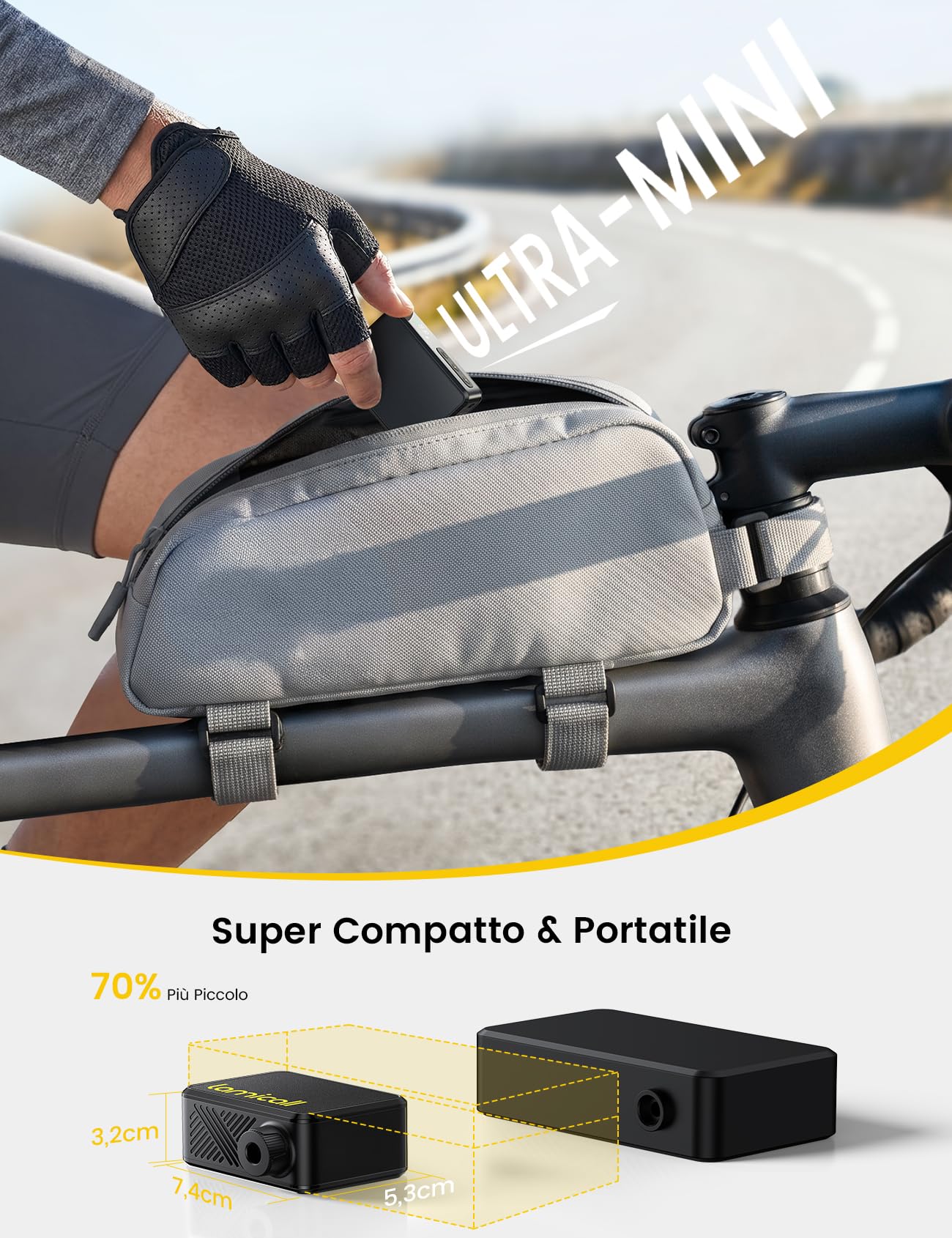 Lamicall Mini Pompa Elettrica Bicicletta - [Ultraleggera]120PSI Mini Compressore Portatile con Manometro & Arresto Automatico, 24L/min Gonfiaggio, Valvole Presta/Schrader per Bici da Strada/MTB/E-Bike