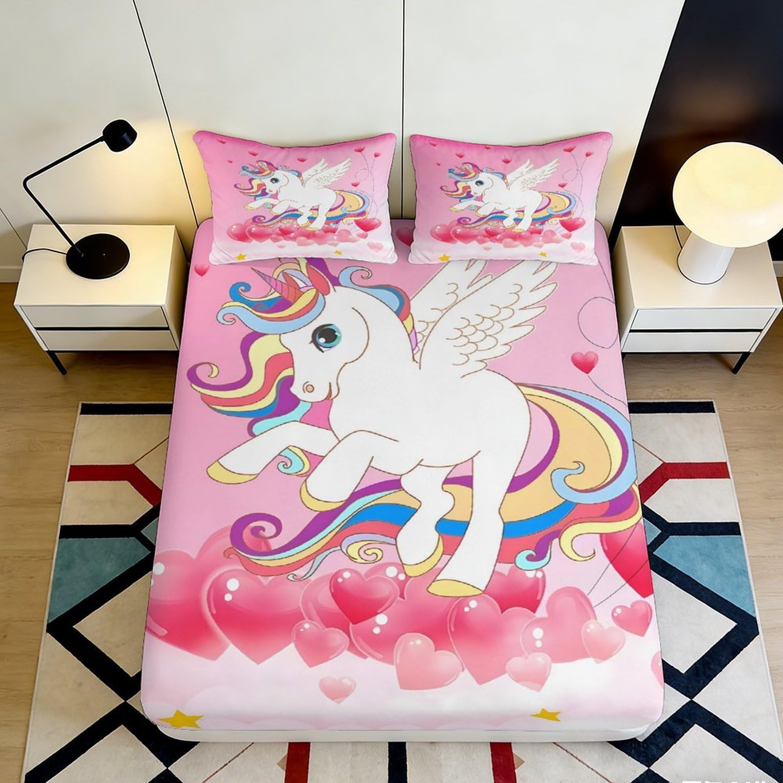 Uxinyoume Style-10 3D Printed Pink Unicorn Fitted Sheet Microfiber Soft Anti-Slip Rainbow Pegasus Mattress Cover For Bedroom Dorm Decor 90X200x25cm